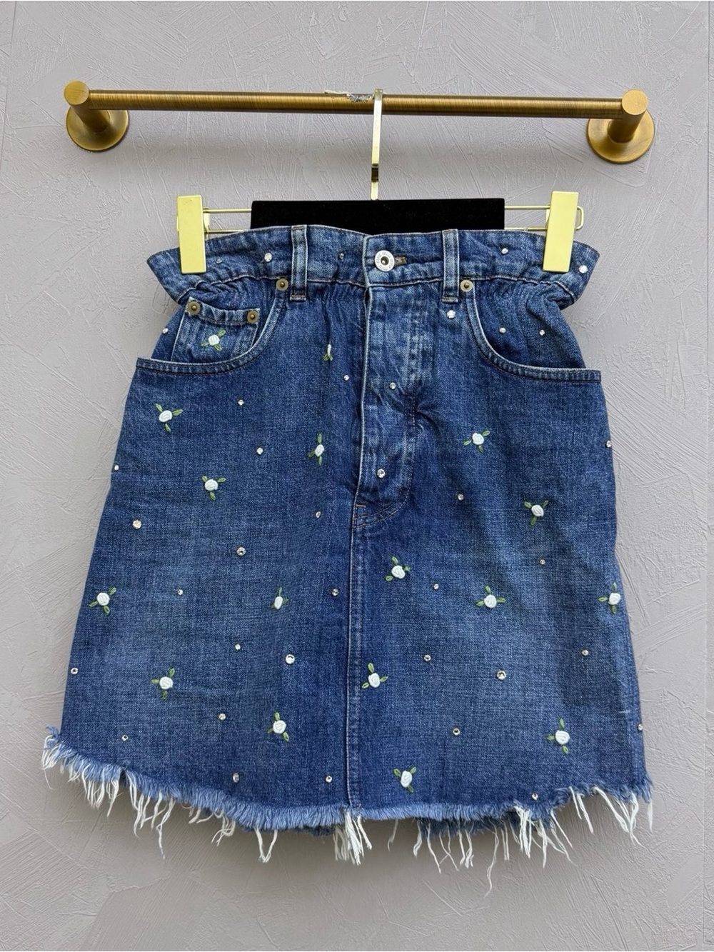 Miu Miu Blue Denim Mini Skirt with Green Floral Embroidery